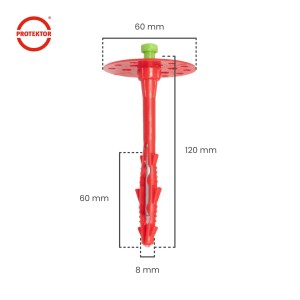 Protektor Dämmstoffdübel, 8x120mm, mit Stahlnagel für WDVS. Rot mit Teller und grünem Kopf.