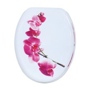 MSV WC-Sitz Lanyu mit rosa Orchideen-Motiv auf weißem MDF, 42,5x36,5x5cm.