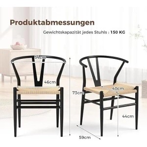 Zwei schwarze Esszimmerstühle mit Y-Rückenlehne und beigem Geflechtsitz. Maße und 150 kg Belastbarkeit sind im Bild dargestellt.