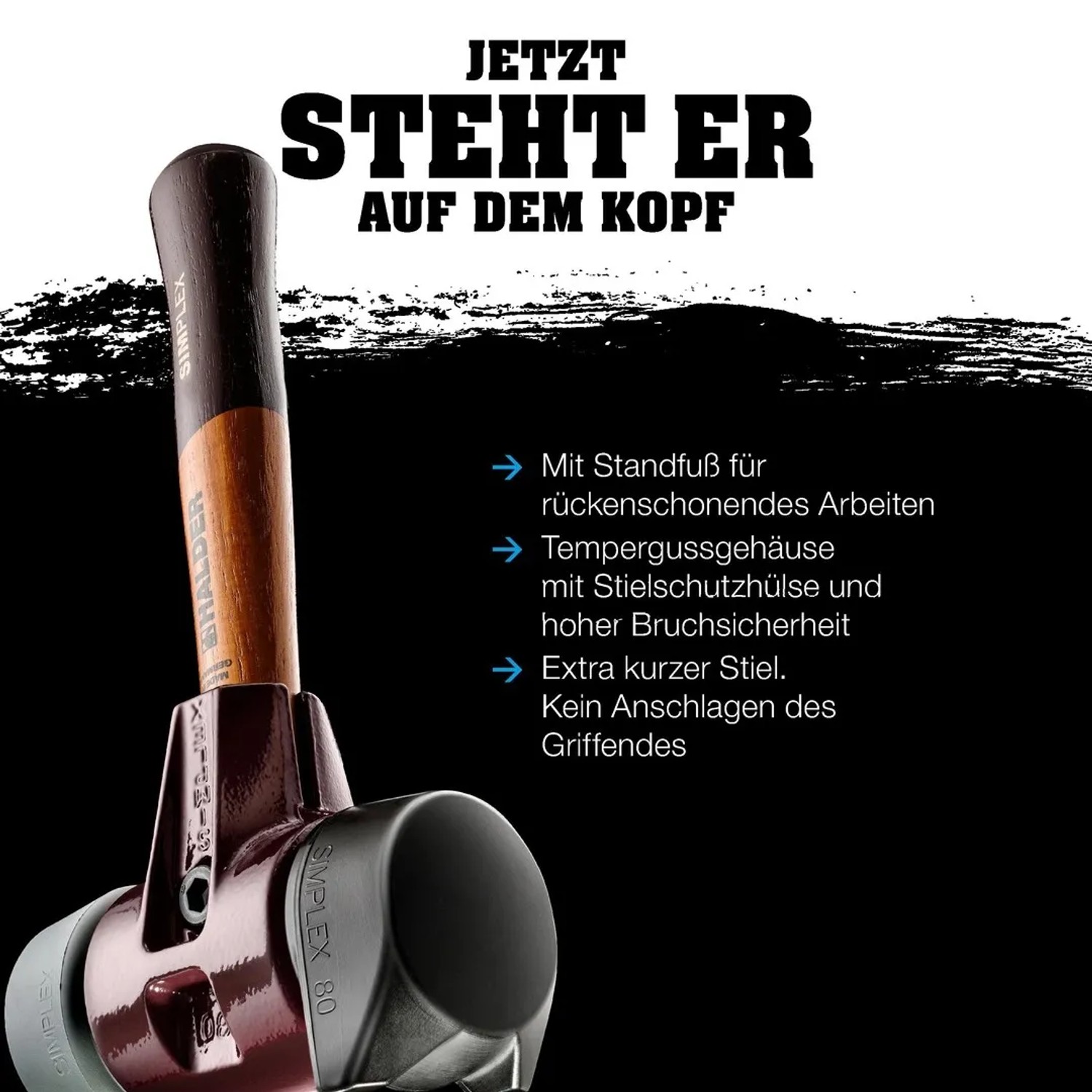 Halder Simplex Schonhammer Ø 60 mm Gummi Schwarz TPE-soft Blau mit Standfuß Kurzer Stiel mit Tempergussgehäuse_6