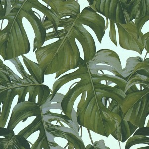 Michalsky Living Tapete mit grün-blauen Monstera Blättern, floral und modern.