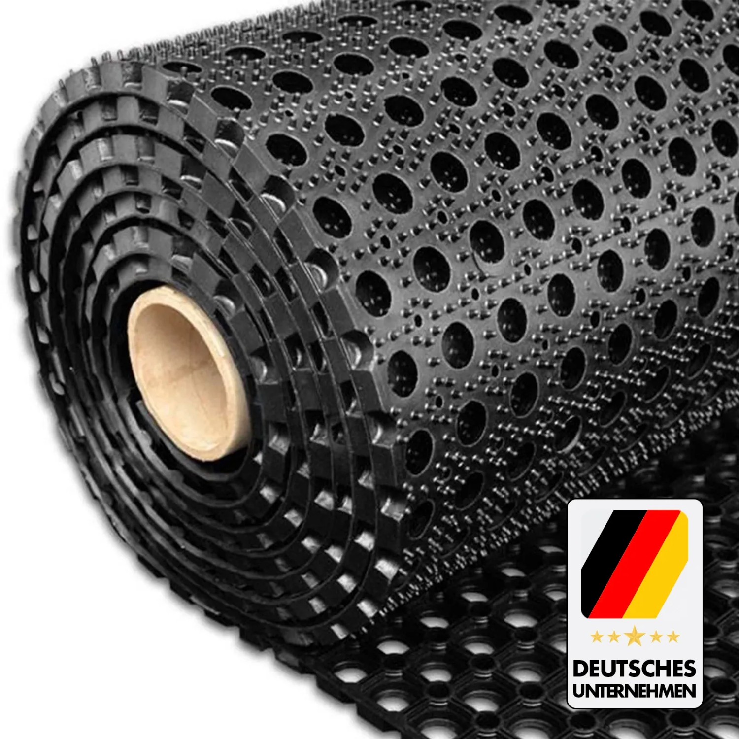 Schwarze KARAT Ringgummimatte Octo Door als Rollenware, recyclebar, mit Wabenstruktur und Löchern.