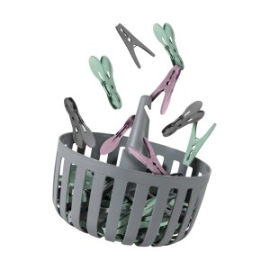 ProHome Wäscheklammern (30 Stk.) mit Korb in Grau, Grün und Lila.