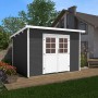Anthrazitfarbenes weka Gartenhaus mit Flachdach und Doppeltür. Holz-Gartenhaus mit wekaLine Profil.