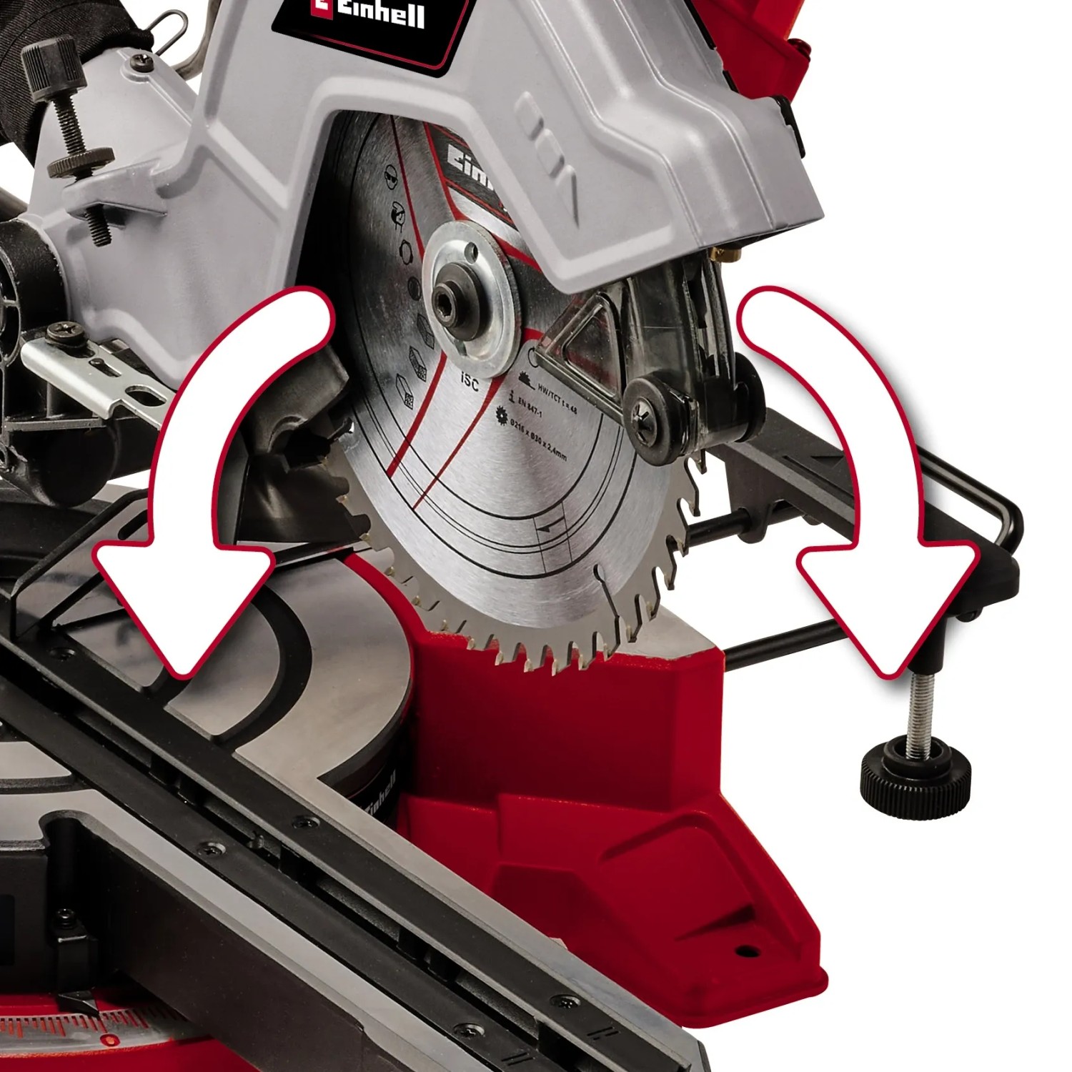Einhell Zug-Kapp-Gehrungssäge TE-SM 8 L Dual mit Pfeilen, die die Neigefunktion des Sägekopfes zeigen.