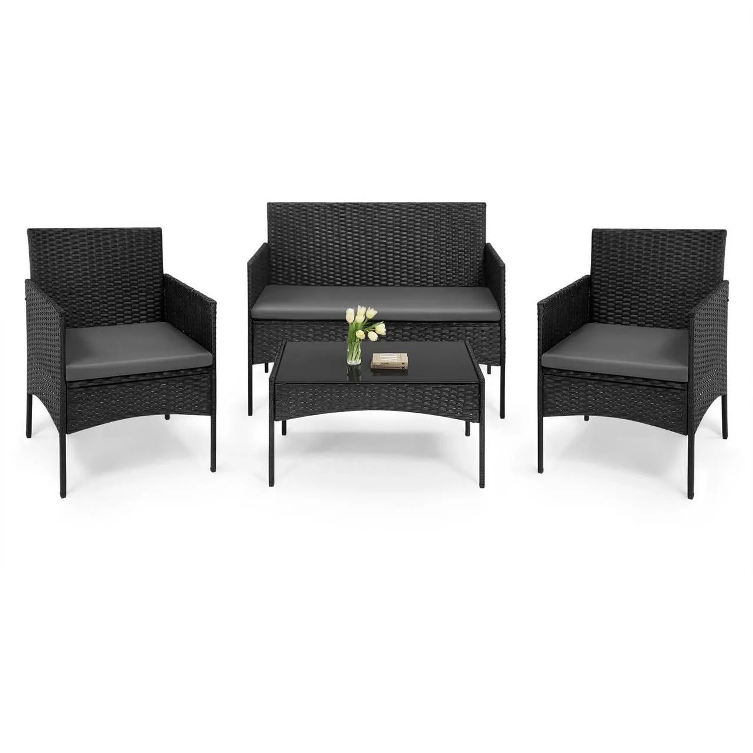 WOLTU Gartenmöbel Set 4 Personen Metallrahmen Sicherheitsglas Schwarz