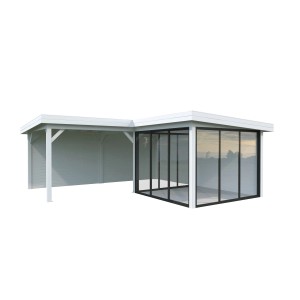 Palmako Pavillon Lenna Set 412, 588x588 cm, weiß lackiert, mit Schiebetüren und überdachter Fläche.
