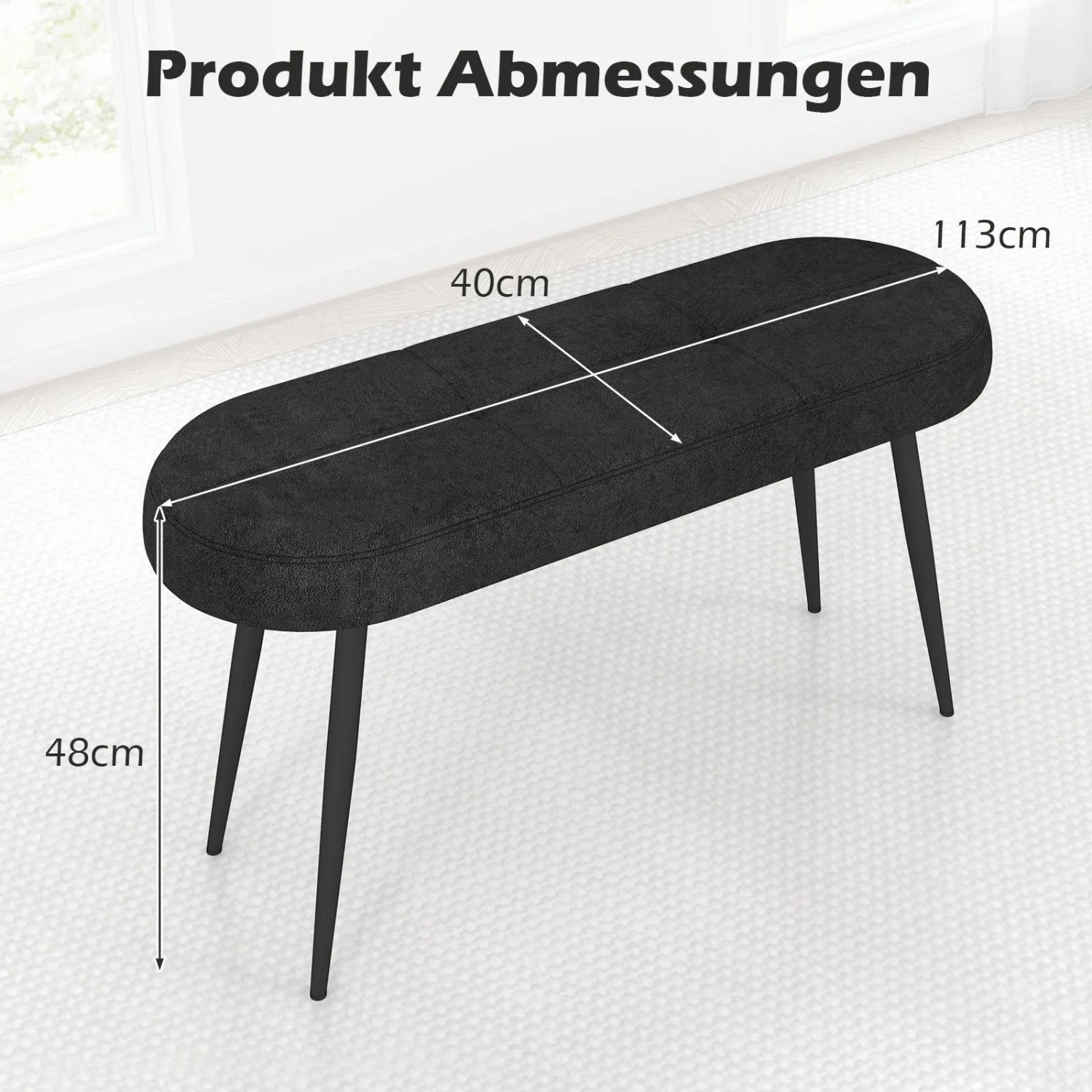 Costway Sitzbank, Polsterbank schwarz mit Metallbeinen, 113 cm. Abmessungen sind im Bild dargestellt.