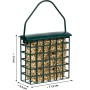 Grüner Metall-Futterspender mit Nuss-Saaten-Block für Wildvögel, ca. 12 cm hoch. Ideal für Ganzjahresfütterung.