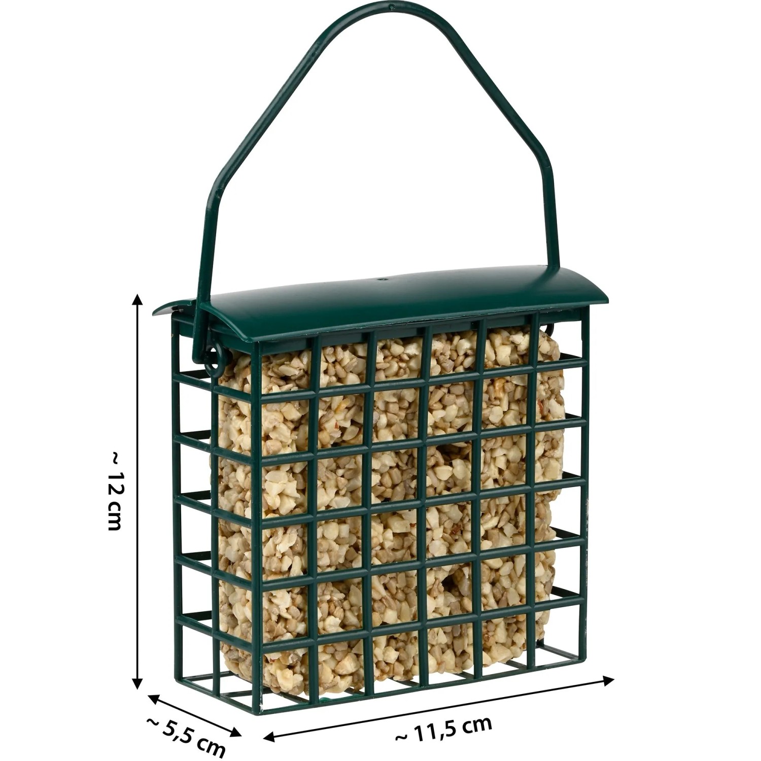 Grüner Metall-Futterspender mit Nuss-Saaten-Block für Wildvögel, ca. 12 cm hoch. Ideal für Ganzjahresfütterung.
