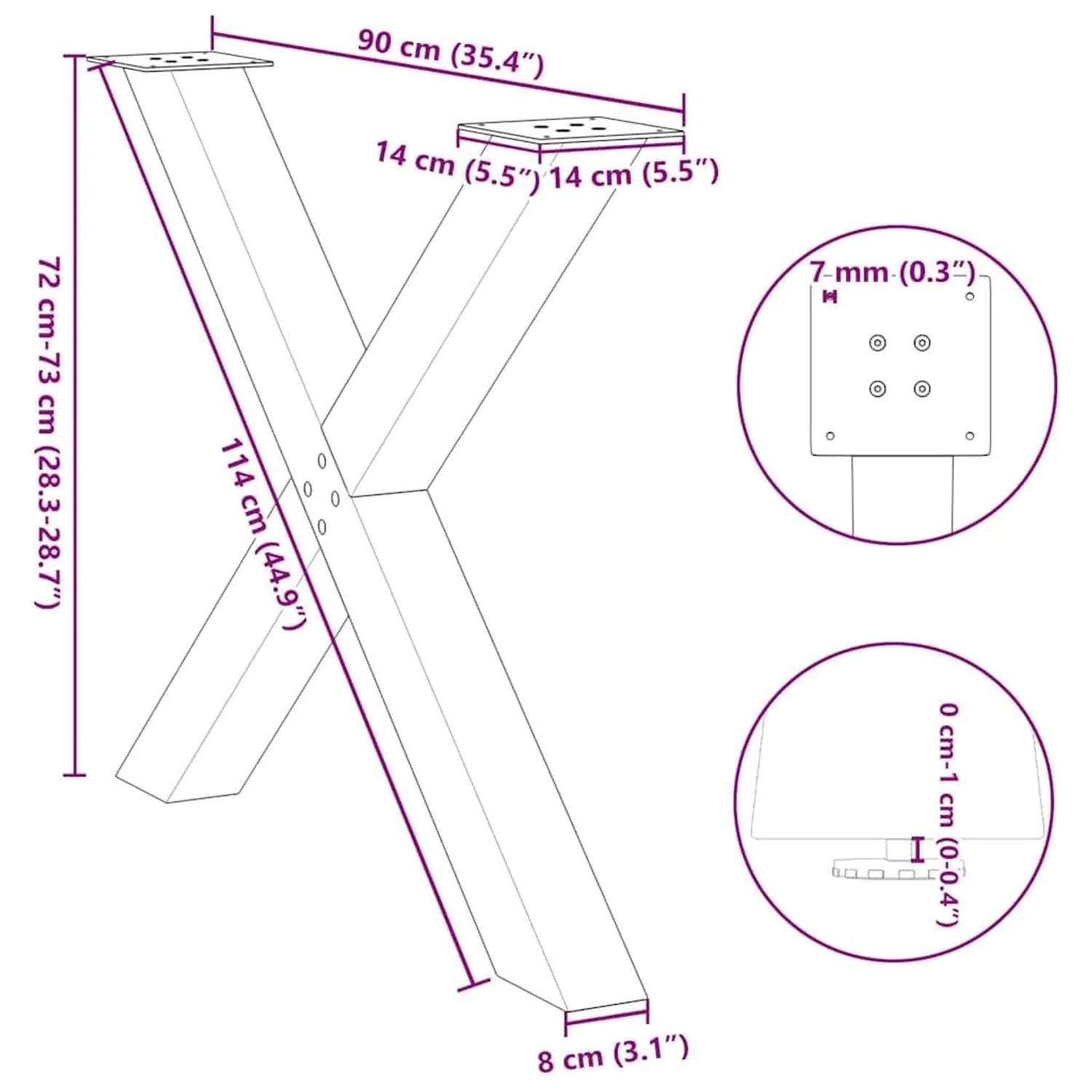 Schwarze vidaXL Esstischbeine in X-Form, 90x73 cm, aus Stahl (2 Stk.)