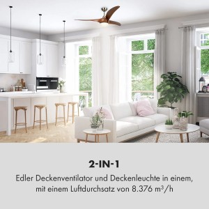 Klarstein Deckenventilator Monteverde mit Teakholz-Flügeln und Beleuchtung in modernem Wohnraum.