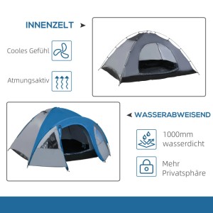 Blau-graues Furnicato Campingzelt für 4 Personen mit Vorraum, Innenzelt und wasserabweisenden Eigenschaften. Atmungsaktiv für Outdoor-Abenteuer.
