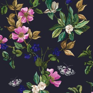 Joules Vliestapete Wakerly Woodland Floral French Navy Blau mit Blumenmuster und Schmetterlingen.