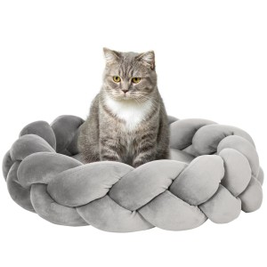 Graues PawHut Katzenbett Donut mit Katze, waschbares Kissen, Ø55cm.