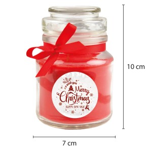 Rote HS Candle Duftkerze im Glas mit Weihnachtsdesign und Schleife, Brenndauer 30h.