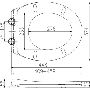 Technische Zeichnung des Euroshowers WC-Sitzes in Schwarz. Ansicht von oben und Seite mit allen wichtigen Maßen für den Einbau.