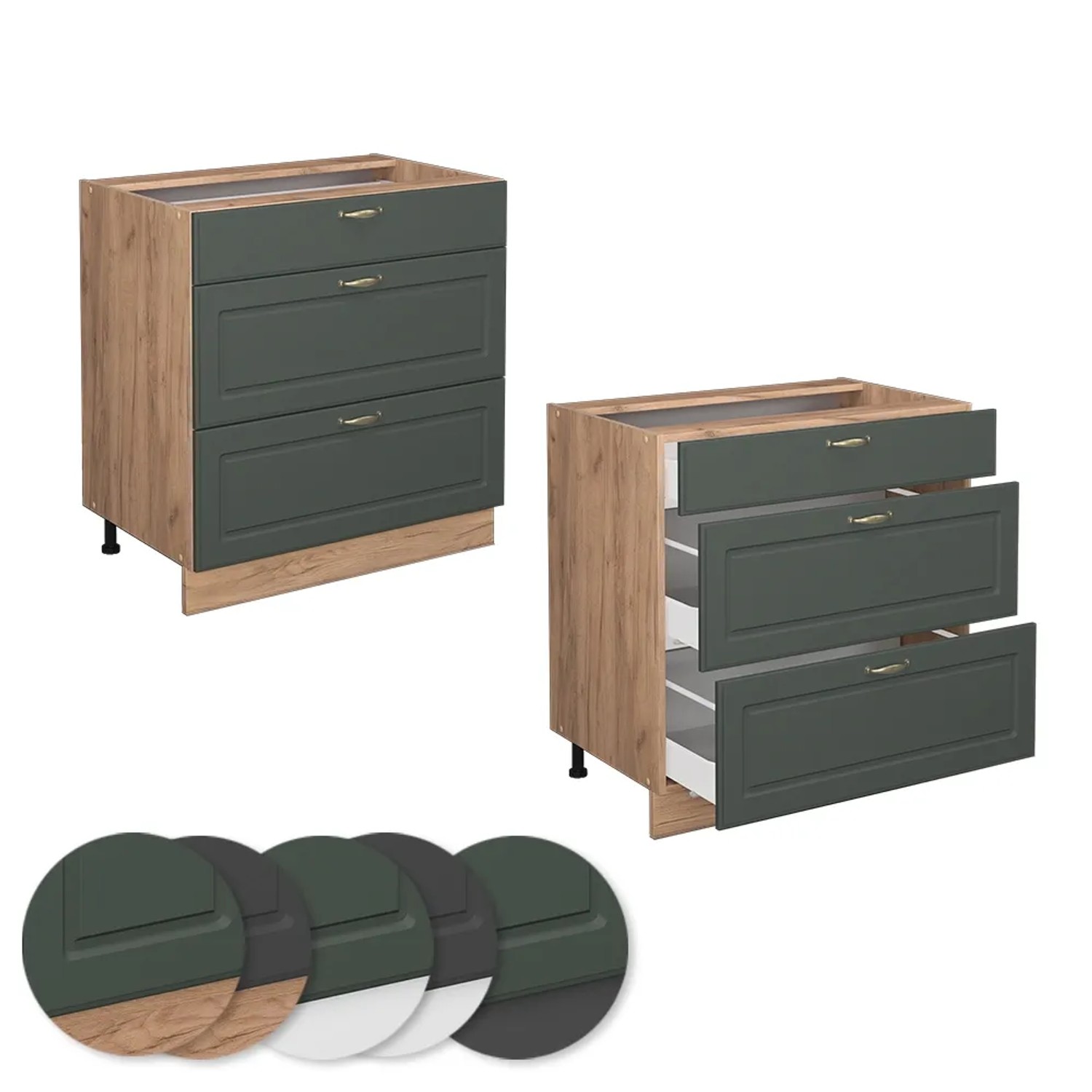 Küchenunterschrank Grün-Gold/Eiche, 80cm, 3 Schubladen, Landhausstil. Küchenschrank ohne Arbeitsplatte.