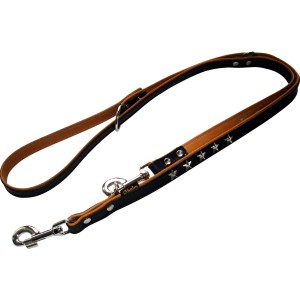 Schwarze Heim Hundeleine aus Leder, 200 cm lang, mit Stern-Applikationen und silberfarbenen Beschlägen.