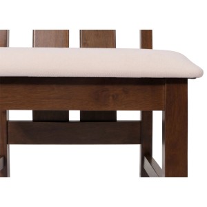 Detailansicht: 6er Set Polsterstuhl mit dunklem Holzgestell und creme-farbener Sitzfläche.