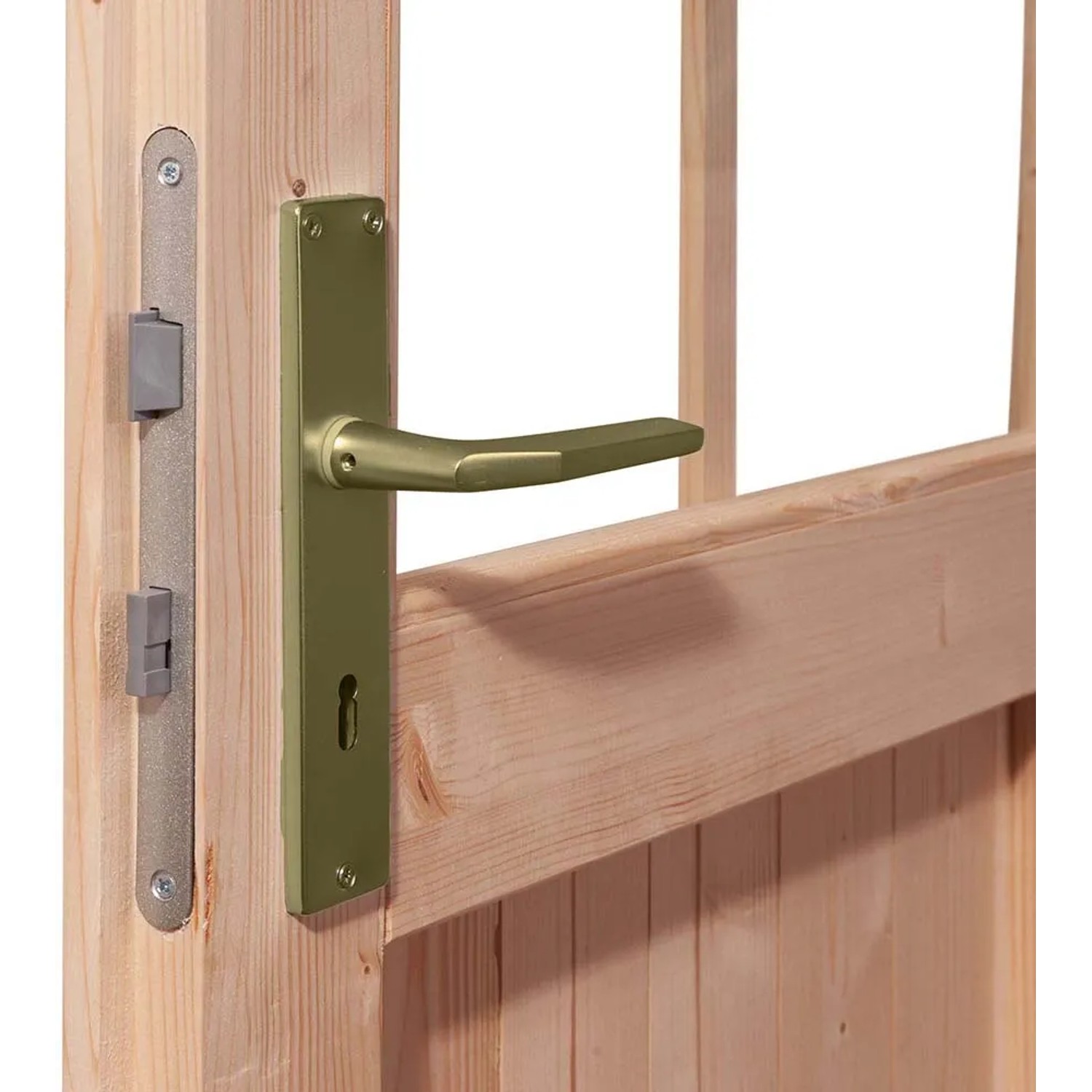 Detailaufnahme: Tür mit Griff des Karibu Holz-Gartenhauses Karlskoga 4 Natur.