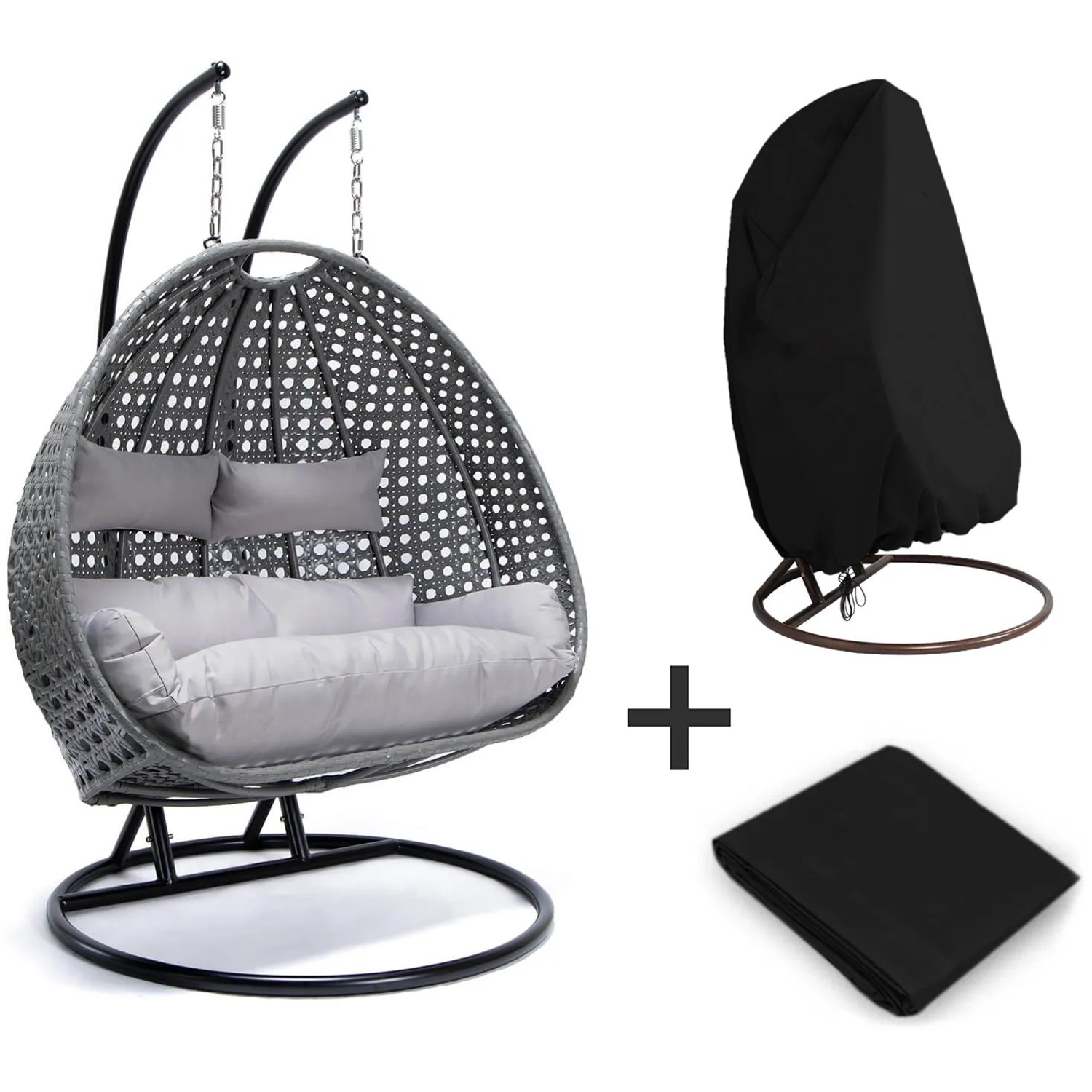 Grauer Home Deluxe Hängesessel Twin aus Polyrattan mit Kissen und Regenabdeckung.