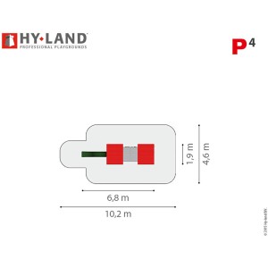 Draufsicht Hy-Land Spielgerät P4 mit Rutsche, Maße: 6,8 x 10,2 m, Plattformen rot, Rutsche grün.