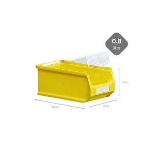 Gelbe Sichtlagerbox 0,8 Liter mit Abdeckung, 10x17,5x7,5 cm, für Aufbewahrungssysteme.