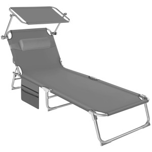 Tectake Sonnenliege Chloé Klappbar  Stufenlos Verstellbares Sonnendach  161 x 68 x 111 cm Grau
