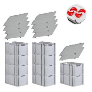 PROREGAL Spar Set: 10 graue Euroboxen mit Deckel und roten Schiebeschnappverschlüssen. Stapelboxen für Lagerung.
