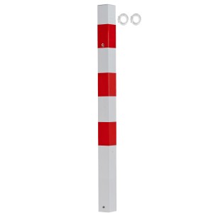 Weiß-roter UvV Skive Absperrpfosten aus Stahl, 70x70 mm, zum Einbetonieren mit 2 Kettenösen.