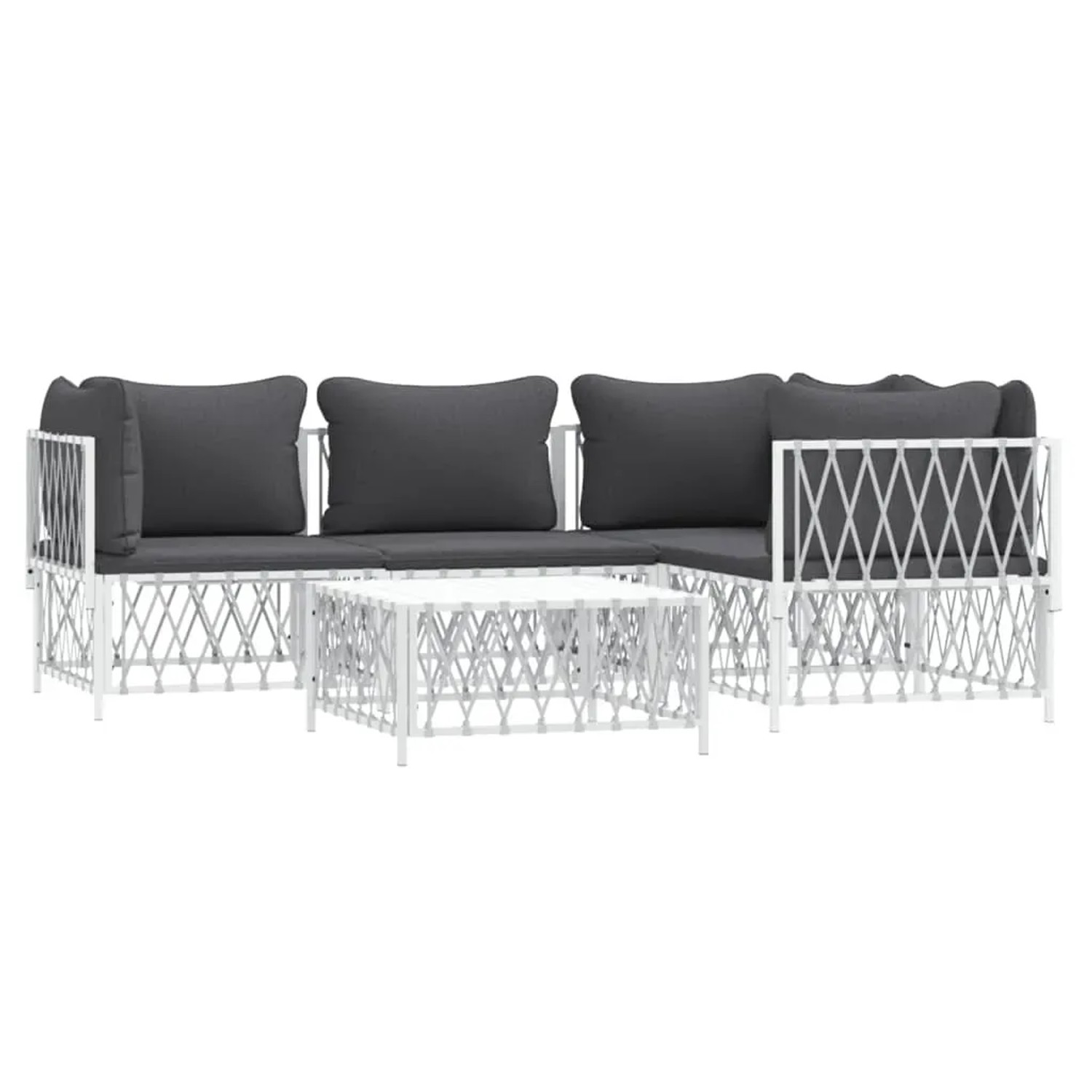 Weißes 5-tlg. Garten Lounge Set mit grauen Kissen und Stahlrahmen.