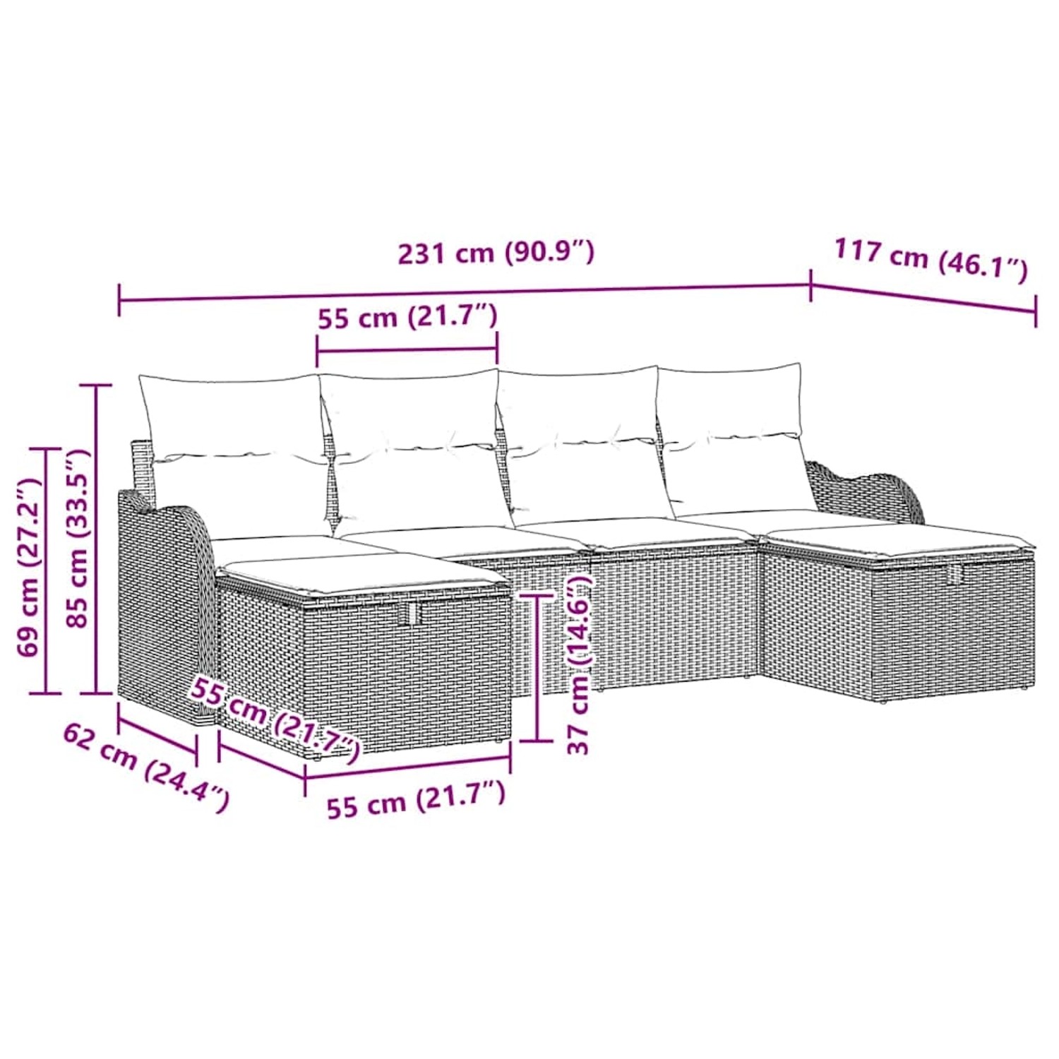 vidaXL Gartenmöbel Set, 6-teilig, schwarz, Poly Rattan, mit Maßangaben.