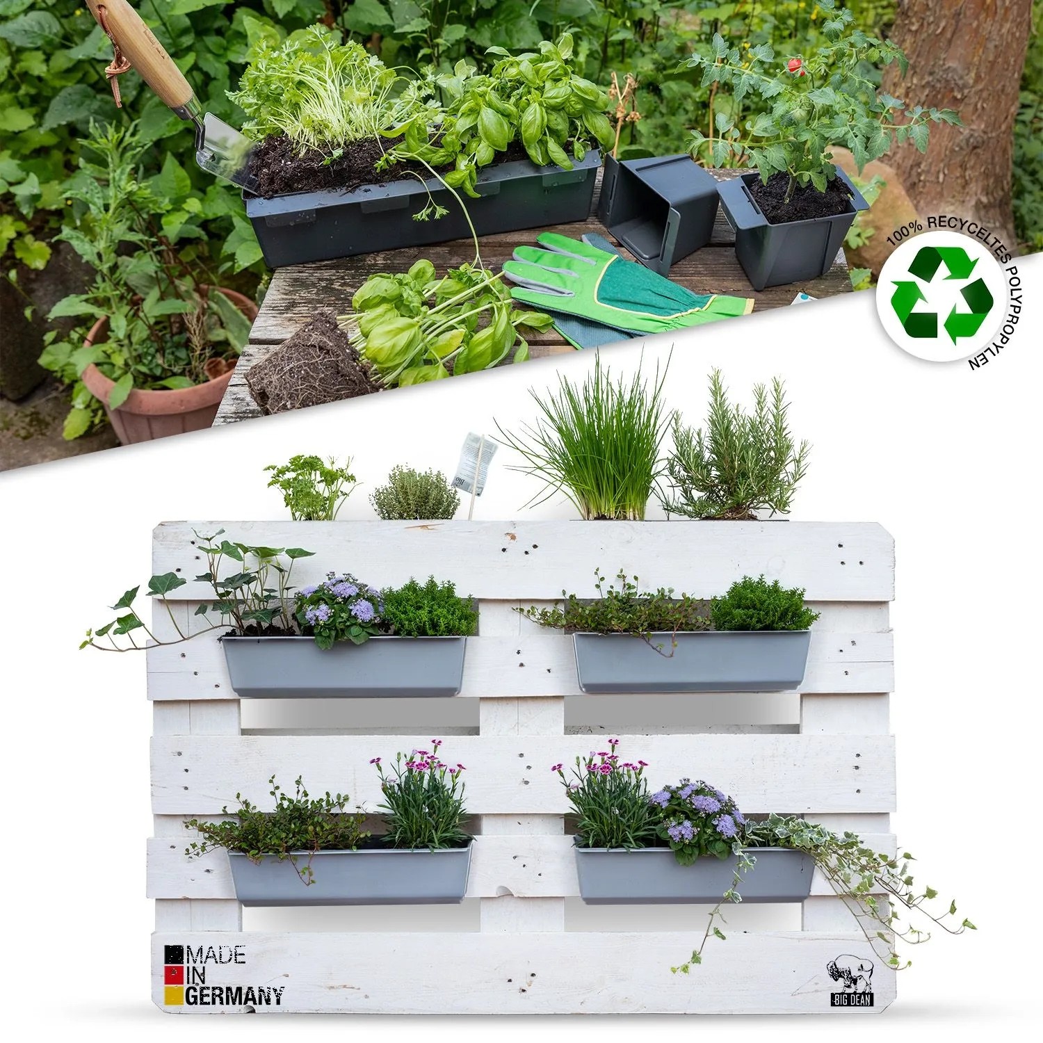 Graue Paletten Blumenkästen mit Hängesystem an weißer Europalette, bepflanzt mit Kräutern und Blumen. Ideal für Balkon.