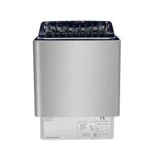 Stilform Saunaofen Thermolux 6KW Gunmetal. Moderner, silberner Saunaofen mit sichtbaren Heizelementen für Saunakabinen.