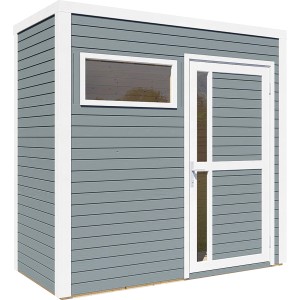 Bertilo Holz-Gartenhaus Cubus 1, hellgrau, mit Fenster und Tür.