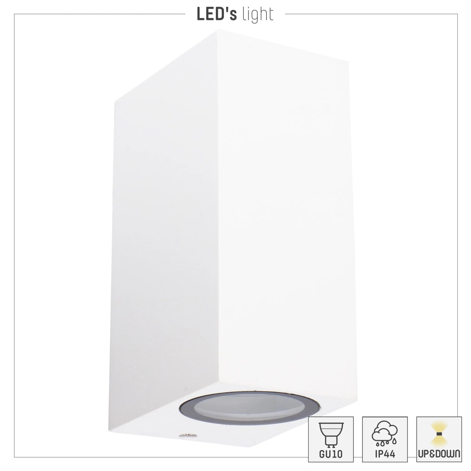 Weiße, eckige LED`s light Außenwandleuchte, 2-flammig für GU10 Leuchtmittel. Lichtaustritt nach oben und unten.