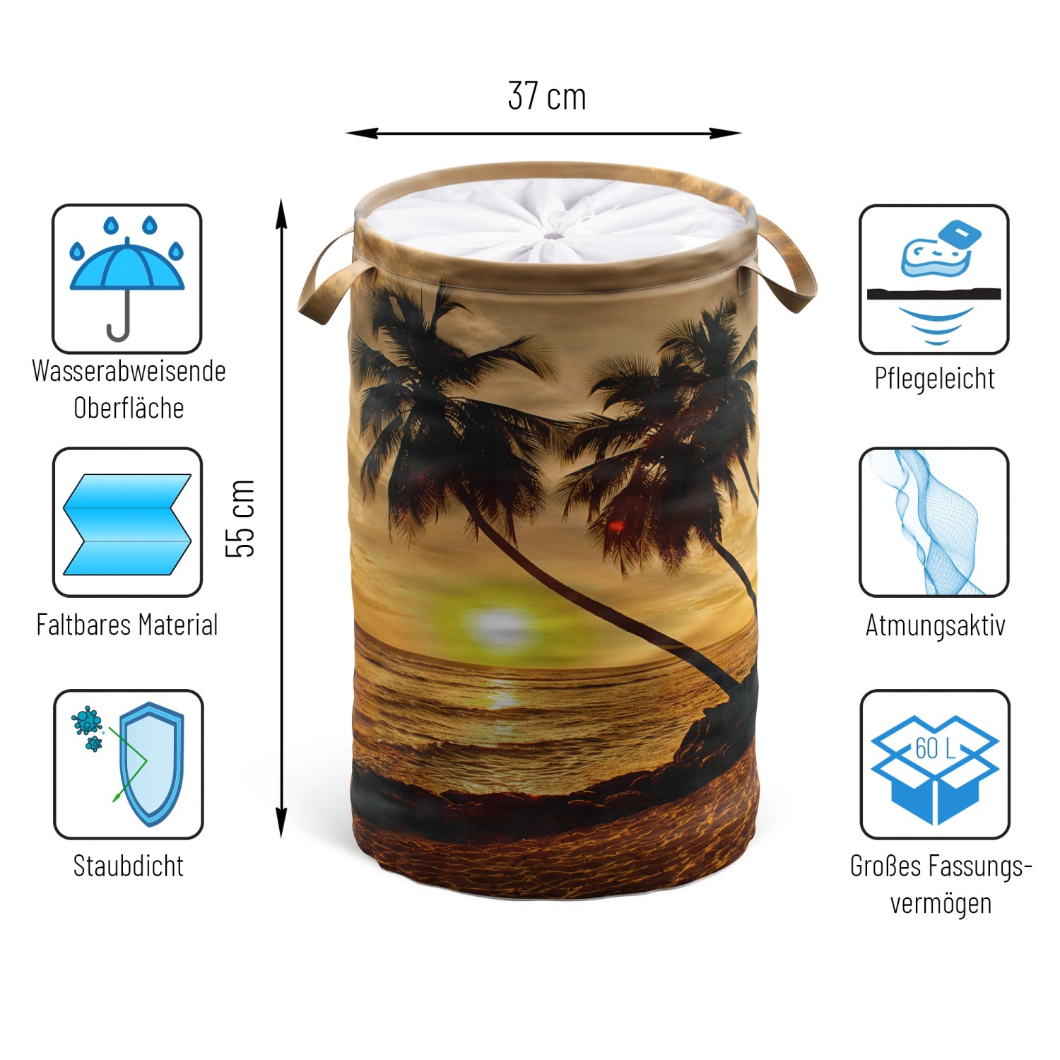 SANILO Wäschekorb Summer mit Palmenmotiv und verschließbarem Sichtschutz.