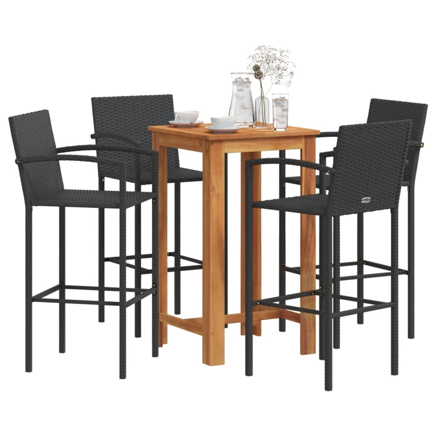 vidaXL Gartenbar-Set, 5-teilig, Akazie massiv, Poly Rattan, schwarz. Bartisch mit 4 Barhockern.