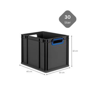 PROREGAL Eurobox Sparset, 30L, schwarz mit blauen Griffen und Auflagedeckel. Aufbewahrungsbox.