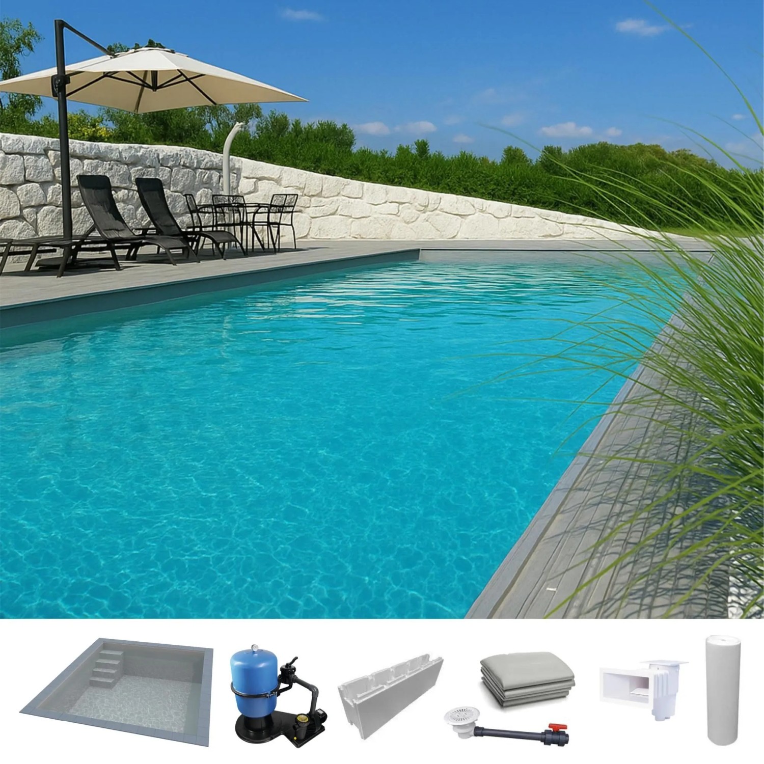 KWAD Styropor Pool Easy mit Gerader Treppe Links 6 x 3 x 1,5 m Grau