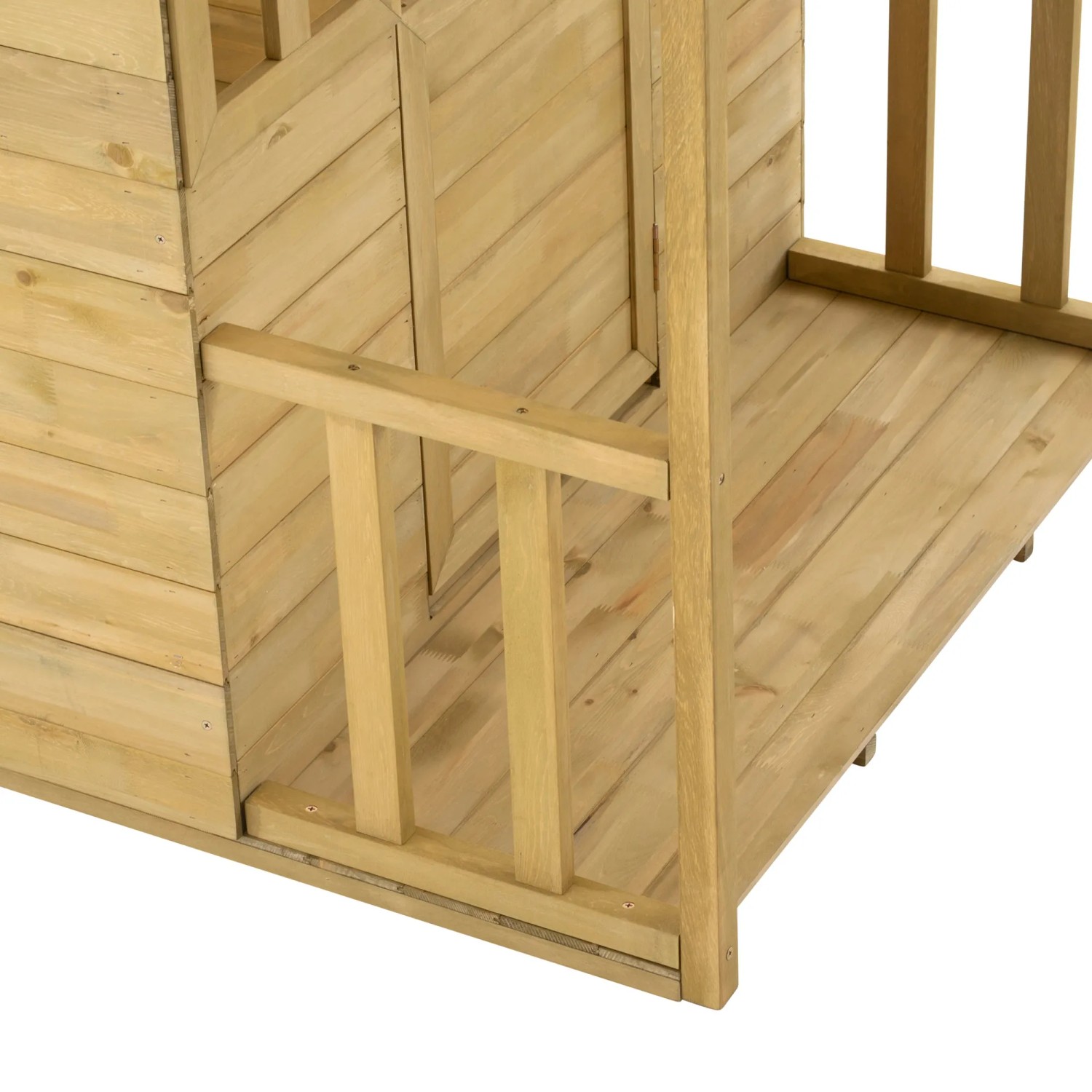 Detailansicht: Zwerkules Spielhaus Villa aus naturbelassenem, FSC®-zertifiziertem Holz mit Veranda.