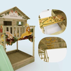 Wickey Spielturm Disney Saga mit Rutsche, Klettergerüst und Sandkasten in Pastellgrün.