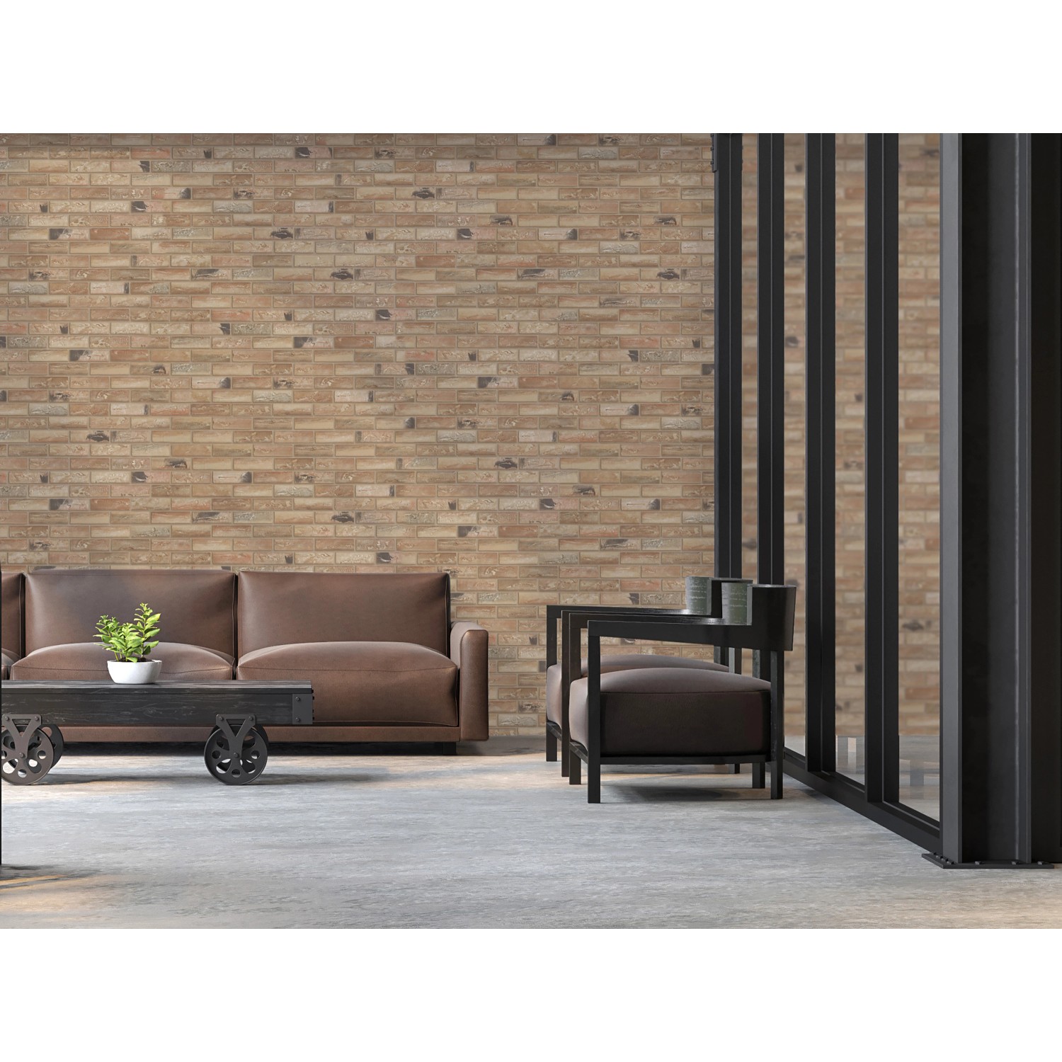 Wohnraum mit Elabrick Verblender Corsica in Braun-Beige, 7,1x24 cm, für Innen- und Außenbereich.