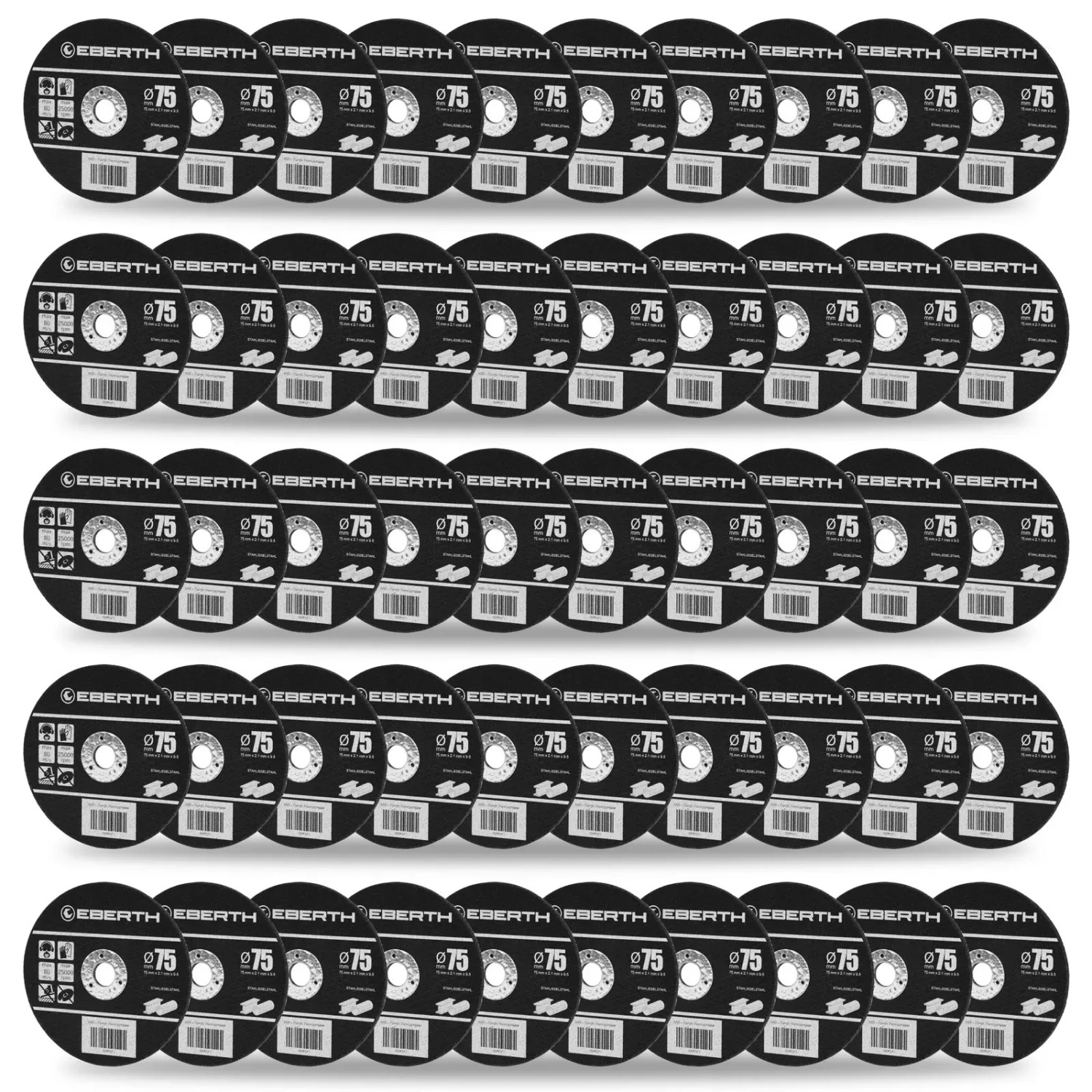 EBERTH 50 Stück Trennscheibe Ø 75mm für Inox 9,5mm Aufnahme 2,1mm Blattstärke