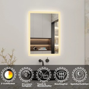 Rechteckiger Aica Sanitär Badspiegel 50x70 cm mit LED-Beleuchtung, drei Lichtfarben und Touch-Funktion.