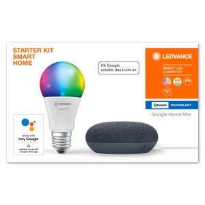 Ledvance Google Home Mini Starterset mit RGBW Lampe und Smart Speaker in Schwarz.