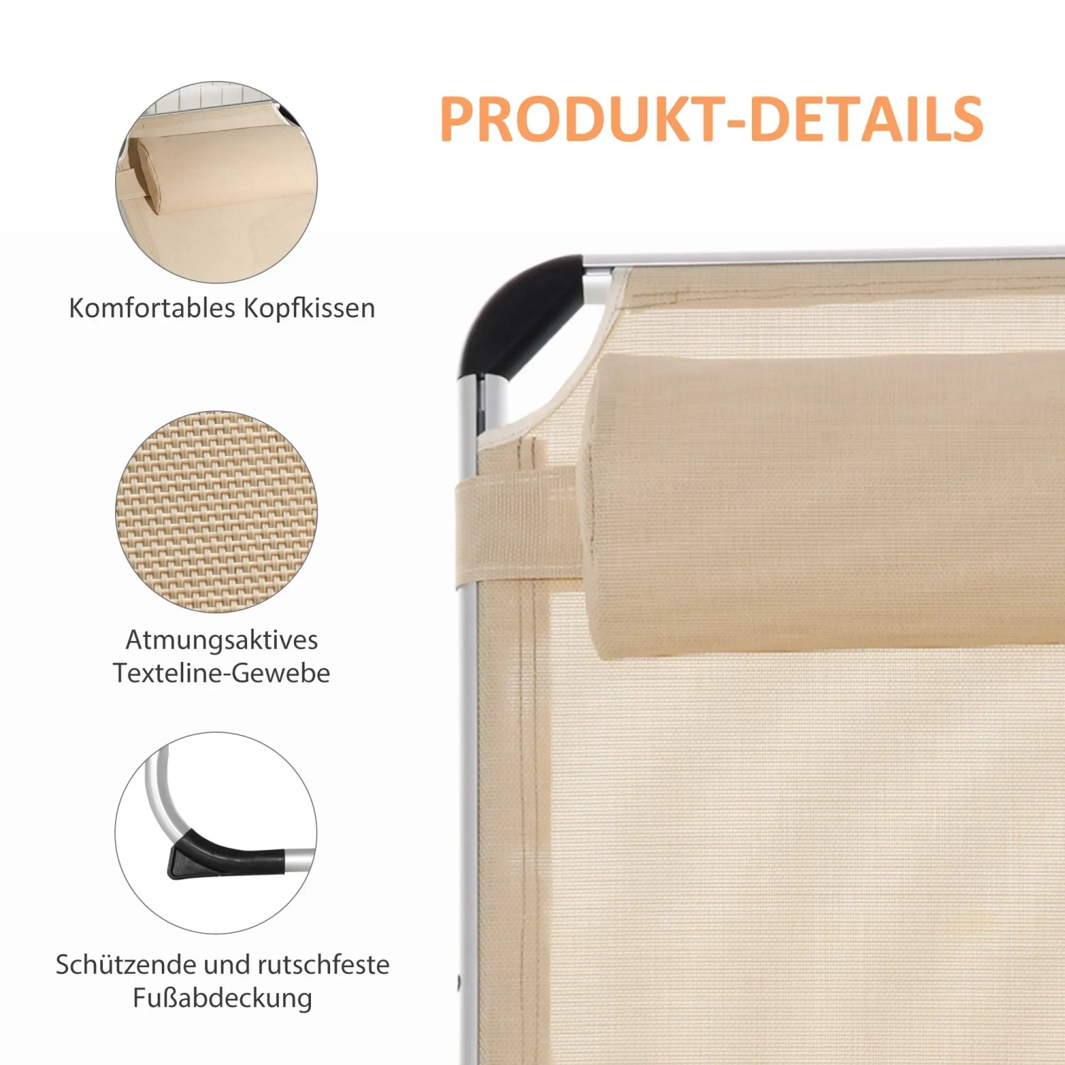 Detailansicht der Outsunny Gartenliege in Beige mit Kopfkissen und atmungsaktivem Textilbezug.