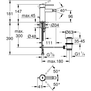 Technische Zeichnung: Grohe Essence Bidet Armatur mit Maßen und Anschlüssen.