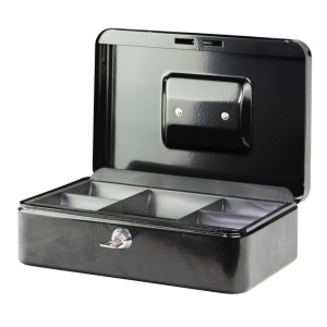 Offene, schwarze Burg Wächter Geldkassette Money 5025 mit Hartgeldeinsatz und Schlüssel.